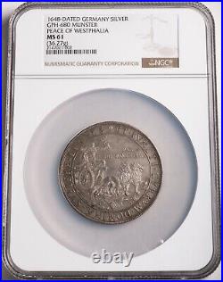 1648, Germany, Munster. Silver Peace of Westphalia Showthaler Medal. NGC MS61