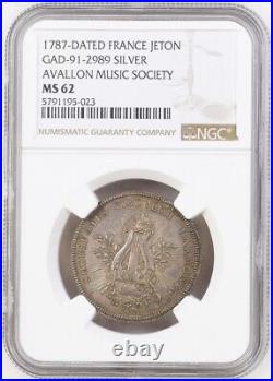 1787, France. Beautiful Silver Melophile Society of Avallon Medal. NGC MS-62