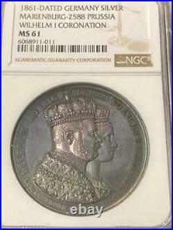 1861 German States Prussia Wilhelm I Silver Coronation Medal NGC MS61 Marienburg