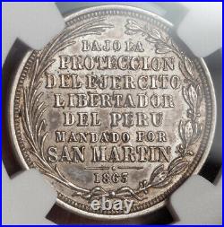 1863, Peru (Republic). Silver 2 Reales San Martin Proclamation Coin. NGC MS62