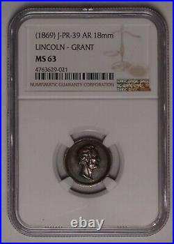 (1869) Lincoln Grant Medal Token Julian PR-39 Silver 18mm NGC MS63