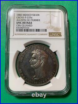1883 MEXICO AGUSTIN ITURBIDE SILVER MEDAL, GROVE P-229a NGC UNC DETAILS CLEANED