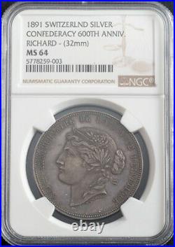 1891, Switzerland. Silver 600th Anniversary of Swiss Alliance Medal. NGC MS64