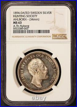 1894 Sweden Ahlborn Hunting Society 34mm Silver Medal NGC MS 63