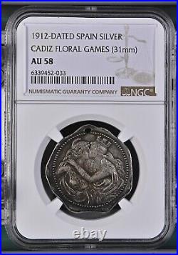 1912 SPAIN SILVER CADIZ FLORAL GAMES (31mm) NGC AU 58