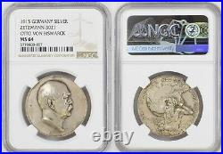 1915, Germany. Silver Birth Anniversary of Otto von Bismarck Medal. NGC MS-64