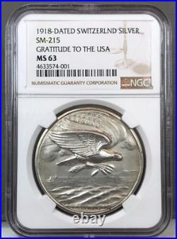 1918 Dated Switzerland SM-215 Gratitude To The USA Silver Medal NGC MS63