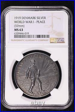 1919 Denmark Silver Medal Wwi Peace On Earth / Sower On Field 37 MM Ngc Ms 63