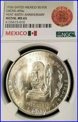 1936 MEXICO SILVER MEDAL GROVE 490a MINT 400TH ANNIVERSARY NGC MS 65 MONSTER