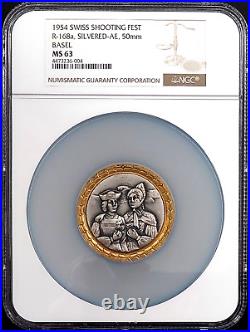 1954 Swiss Shooting Fest Medal, R-168a, Silvered-AE, 50 mm, Basel, NGC MS 63