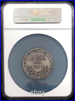1954 Swiss Shooting Fest Medal, R-169a, Silvered-AE, 50 mm, Basel, NGC MS 63