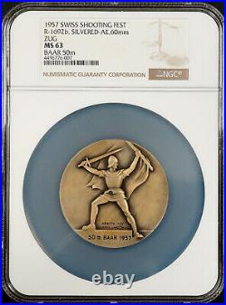 1957 Swiss Shooting Fest Medal, R-1692b, Silvered-AE, 60 mm, Zug, MS 63 by NGC