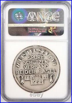 1958 Swiss Shooting Fest Medal, R-171a, AE, 40mm, Basel-Pratteln! NGC MS 65