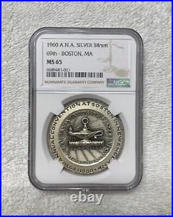 1960 American Numismatic Association ANA Boston, MA Silver Medal 38mm NGC MS 65