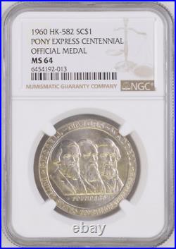 1960 Hk-582 Sc$1 Silver Pony Express Centennial Heraldic Art Medal Ngc Ms 64 R5