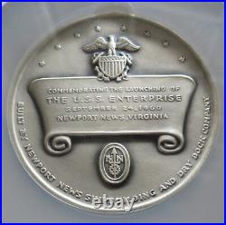 1960 SILVER U. S. S. ENTERPRISE AIRCRAFT CARRIER 63.5 mm MEDAL NGC MINT STATE 68