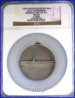 1960 SILVER U. S. S. ENTERPRISE AIRCRAFT CARRIER 63.5 mm MEDAL NGC MINT STATE 68
