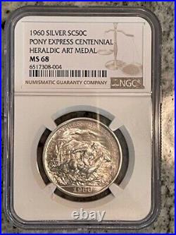 1960 Sc50c Silver Pony Express Centennial Heraldic Art Medal Ngc Ms68 Blue Hues