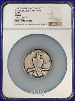 (1960) Swiss Shooting Fest Medal, R-393a, Silvered-AE, 50mm, Bern, MS 64 by NGC