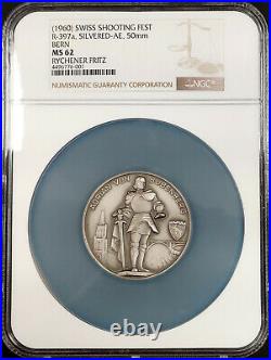 (1960) Swiss Shooting Fest Medal, R-397a, Silvered-AE, 50mm, Bern, MS 62 by NGC