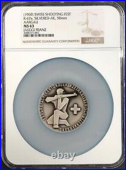 (1960) Swiss Shooting Fest Medal, R-67a, Silvered-AE, 50mm, Aargau, MS 63 by NGC