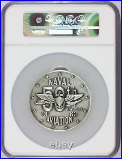 1961 U. S. Naval Aviation 50th Anniversary 64mm Silver Medal MACO NGC MS 67