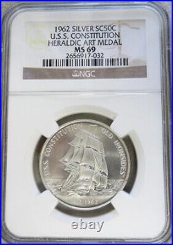 1962 Silver 1812 U. S. S Constitution Ship Commemorative Medal Ngc Mint State 69