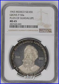 1963 MEXICO SILVER Medal Grove P-50a Plan Of Guadalupe NGC MS65 TOP POP CHOICE