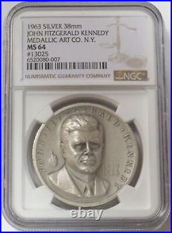 1963 Silver John F Kennedy Jfk 36 Gram Medallic Art High Relief Medal Ngc Ms 64