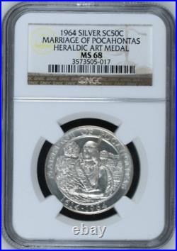 1964 Sc50c Silver Marriage Of Pocahontas Heraldic Art Medal Ngc Ms68 Low Pop R6
