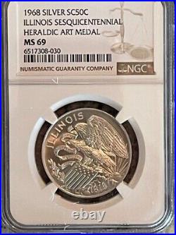 1968 Sc50c Silver Illinois Sesquicentennial Heraldic Art Medal Ngc Ms69 Pop Top