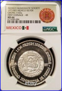 1971 MEXICO SILVER GROVE 1102a FIRST COINAGE 4 REALES NGC MS 66 FROSTY MEDAL