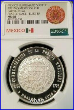 1971 MEXICO SILVER GROVE 1104a LUIS I 1725 8 REALES NGC MS 68 TOP POP 3 SCARCE