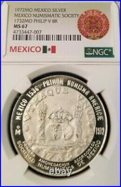 1972 Mexico Silver 1732 Philip V 8 Reales Pillar Dollar Ngc Ms 67 Top Pop