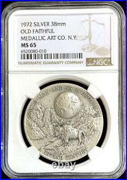 1972 Silver Old Faithful National Park Medallic Art High Relief Medal Ngc Ms 65