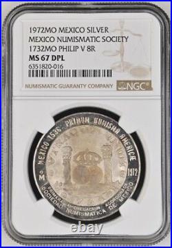 1972MO Mexico Numismatic Society 1732MO Philip V 8R Silver Medal NGC MS67 DPL