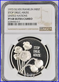 1973 Silver Franklin Mint Stop Drug Abuse United Nations Ngc Pf 68 Ultra Cameo