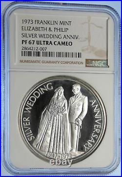 1973 US Franklin Mint ELIZABETH & PHILIP Wedding Proof Silver Medal NGC i106238