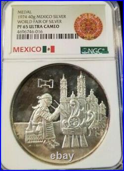 1974 Mexico Silver 40g Medal Worlds Fair Of Silver Ngc Pf 65 Ultra Cameo Top Pop