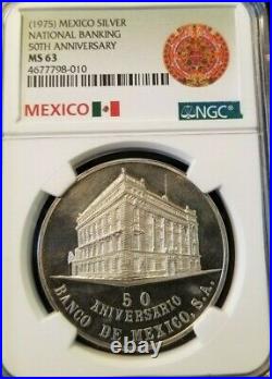 1975 Mexico Silver Medal National Banking 50th Anniversary Ngc Ms 63
