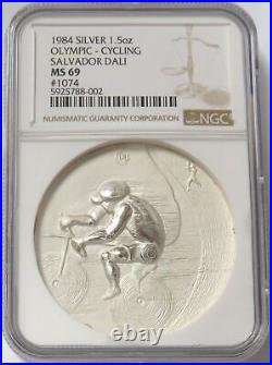 1984 Silver USA Olympics Medal #1074 By Salvador Dali Cycling Ngc Ms 69