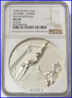 1984 Silver USA Olympics Medal #1074 Salvador Dali High Diving Ngc Ms 68