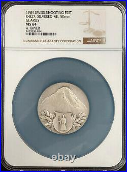 1984 Swiss Shooting Fest Medal, R-827, Silvered-AE, 50 mm, Glarus, MS 64 by NGC