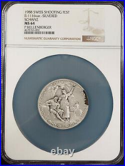1988 Swiss Shooting Fest Medal, R-1116var, Silvered, 50 mm, Schwyz, NGC MS 64
