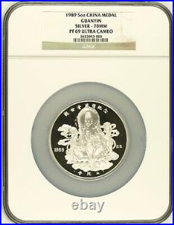 1989 China Guanyin Silver Medal 5 Oz Pf 69 Ultra Cameo Unique High Grade