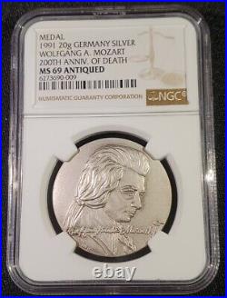 1991 Wofgang A Mozart 200th Anniv of Death Silver Medal NGC MS 69 Antiqued