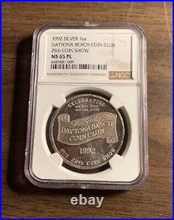 1992 Daytona Beach Coin Club 25th Coin Show 1oz. 999 Silver Medal NGC MS 65 PL
