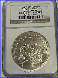 (1993) P Benjamin Franklin Fire Service Bill of Rights Silver Medal NGC MS69