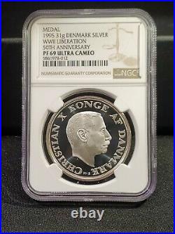 1995 Denmark Silver Medal Liberation of Denmark May 5 1945 NGC PF 69 UC