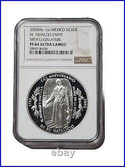 2003 1 Oz Silver Medal Conmemorative Mexico Hidalgo 250 Birthday Mexico Scarse
